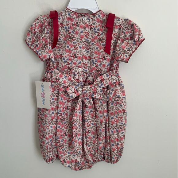 LULU BEBE BABY GIRLS PINK FLORAL SMOCKED BUBBLE - RED BOWS AT SHOULDERS‎ - Picture 3 of 3